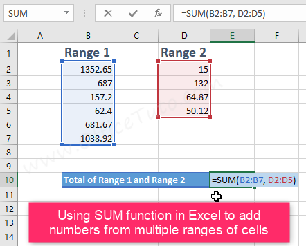 Add numbers of multiple ranges in Excel with SUM function