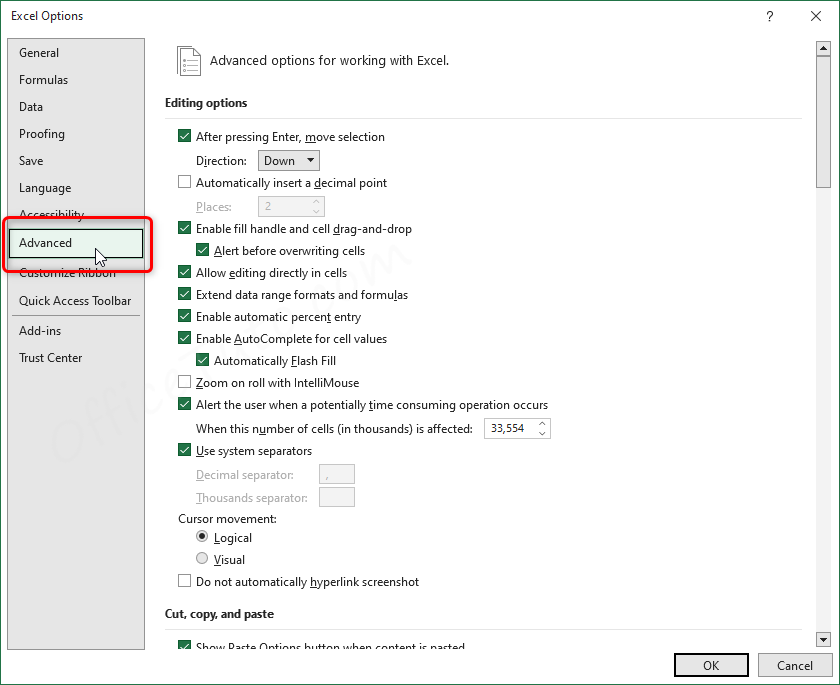 Advanced section in Excel Options window