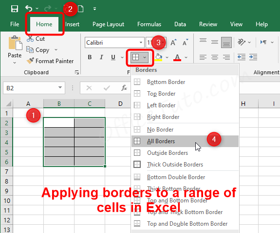 Apply borders to a range of cells in Excel
