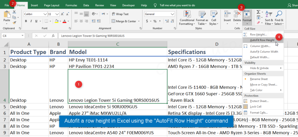 Autofit a row height in Excel using ribbon command