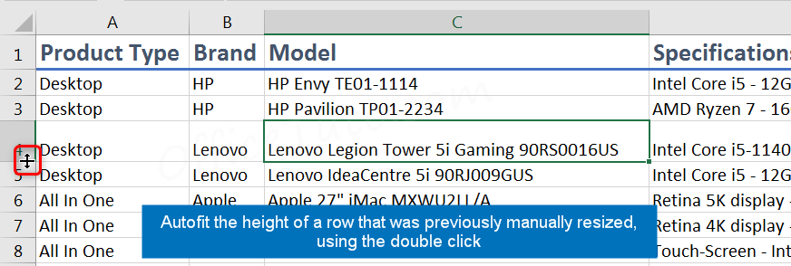 Autofit a row height in Excel with double click