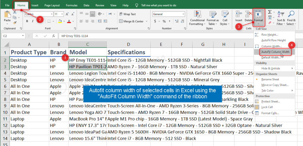 Autofit multiple cells width in Excel via ribbon command