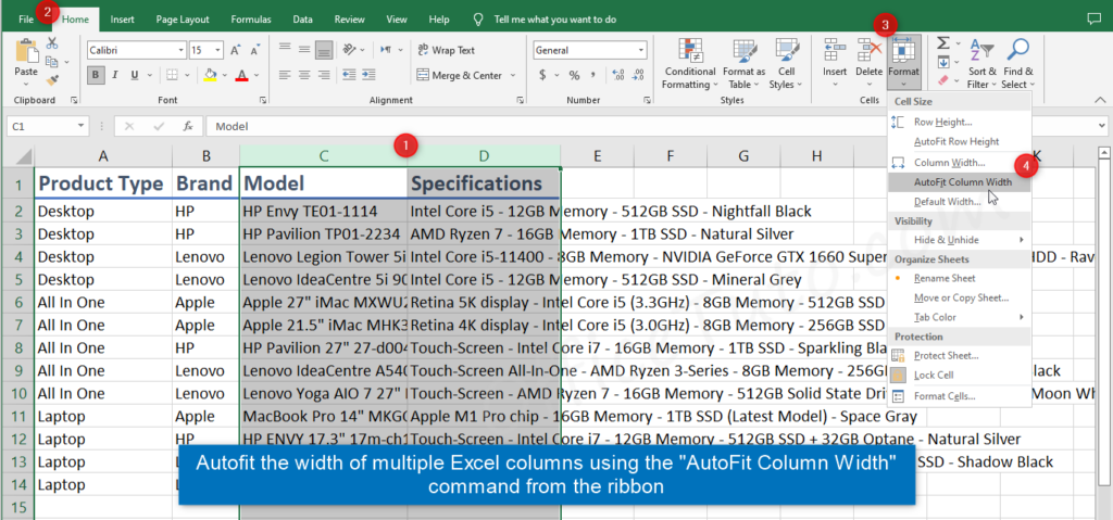 Autofit multiple columns width in Excel via ribbon command