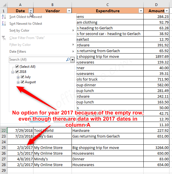 Blank rows issue in Excel filter