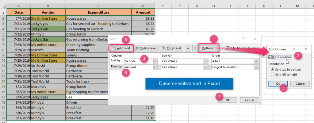 Case sensitive sort in Excel