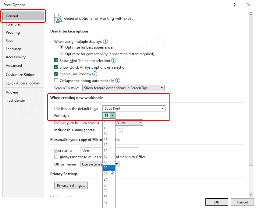 Change the default font or its size in Excel options window