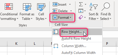 Change row height in Excel via the ribbon