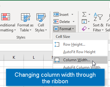 Change width of column in Excel via the ribbon