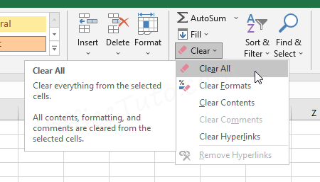 Clear content and formatting in Excel