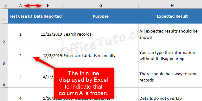 Column frozen in Excel