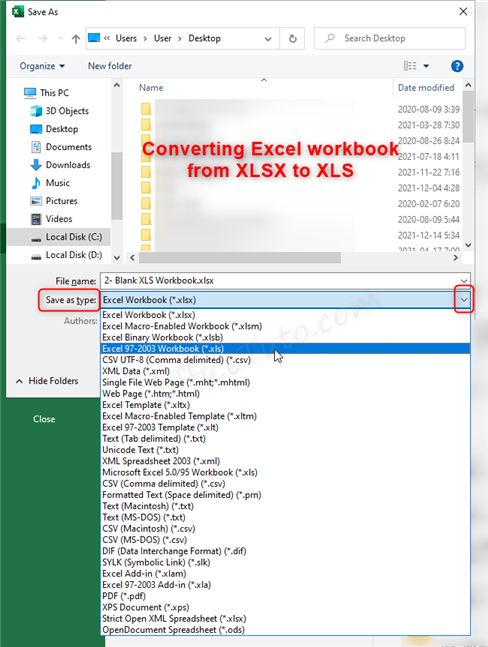 Convert Excel workbook from XLSX to XLS