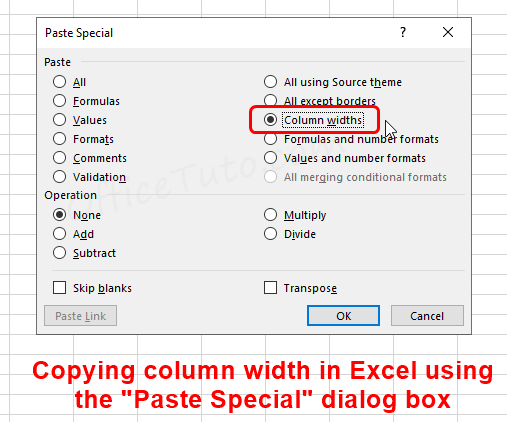 Copy column width in Excel - Paste Special dialog box