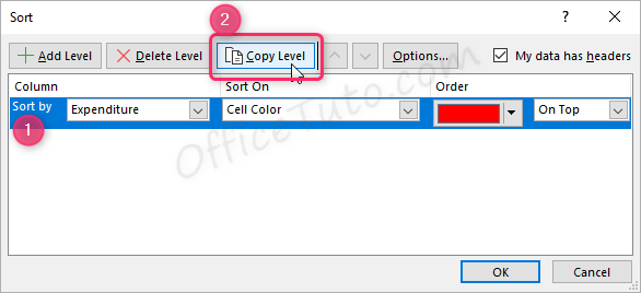 Copy level in custom sort dialog box