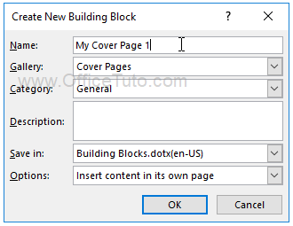 Create new cover page - Word - dialog box