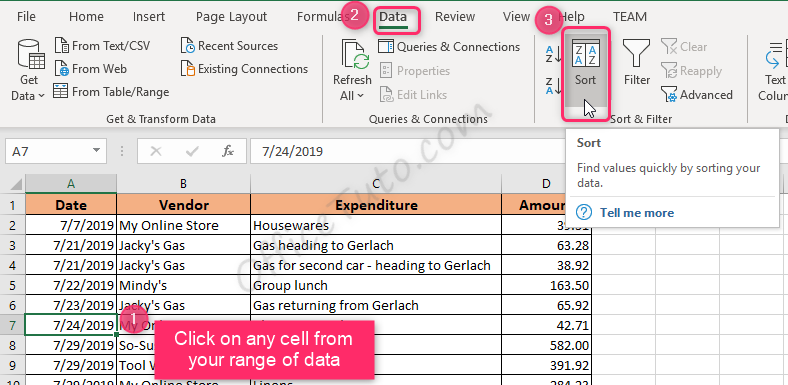 Excel custom sort via the Data tab