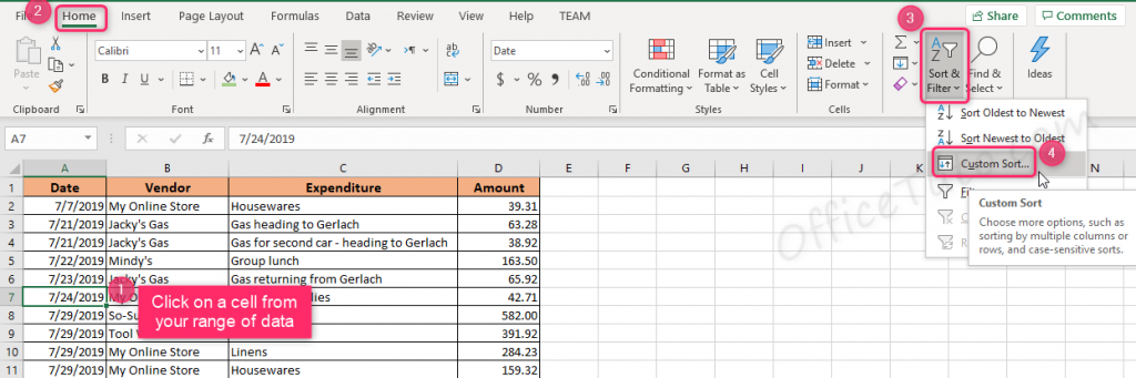 Excel custom sort via the Home tab