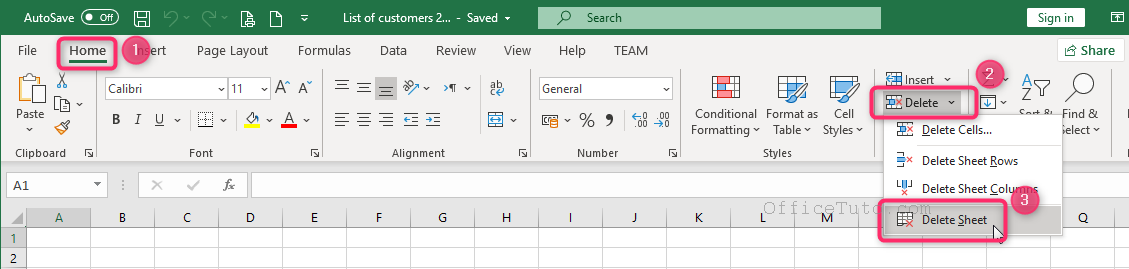 Delete Excel sheet using the ribbon