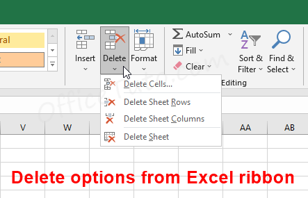 Delete options - Excel ribbon