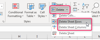 Delete rows or columns using Excel ribbon