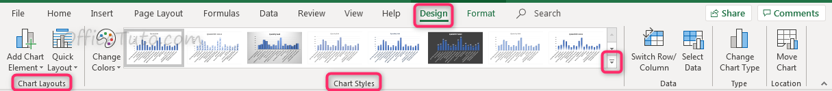 Design tab when selecting Excel chart
