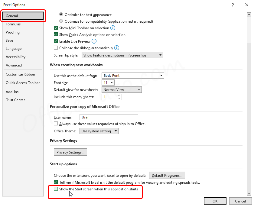 Disable start screen of Excel