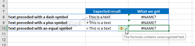 Error of a text recognized as formula in Excel