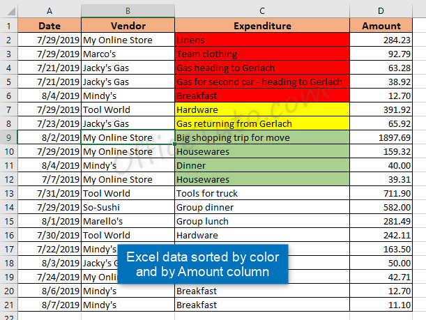 Example of Excel sort by color and multiple columns