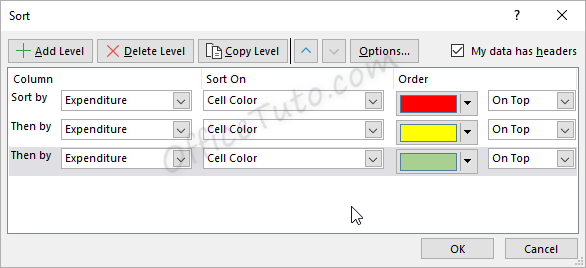 Example of Excel sort by color