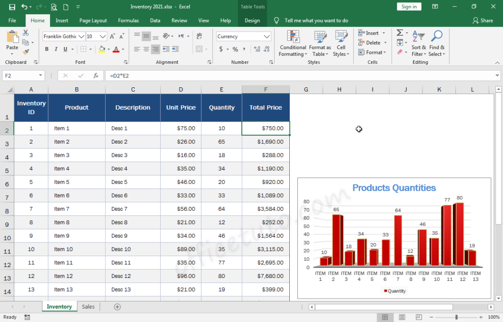 Example of an Excel spreadsheet