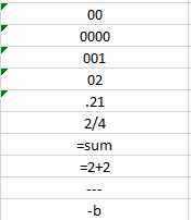Examples of cells formatted as text in Excel
