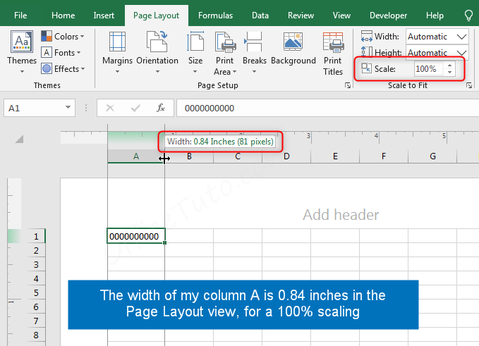 Excel column width unit in inches (Page Layout view)