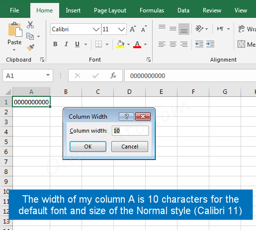 Excel column width unit in the Normal view