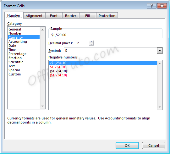 Excel currency format in format cells dialog box