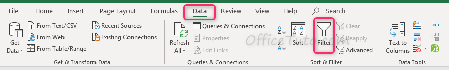 Excel filter command from Data tab
