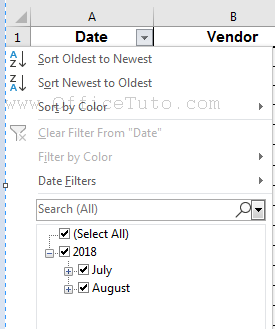 Excel filter on a date formatted column