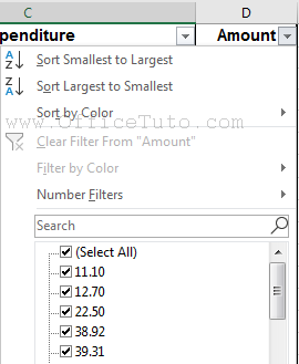 Excel filter on a numbers formatted column