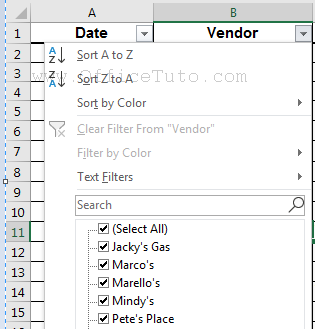 Excel filter options