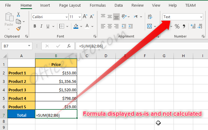 Excel formula displayed as is and not calculated