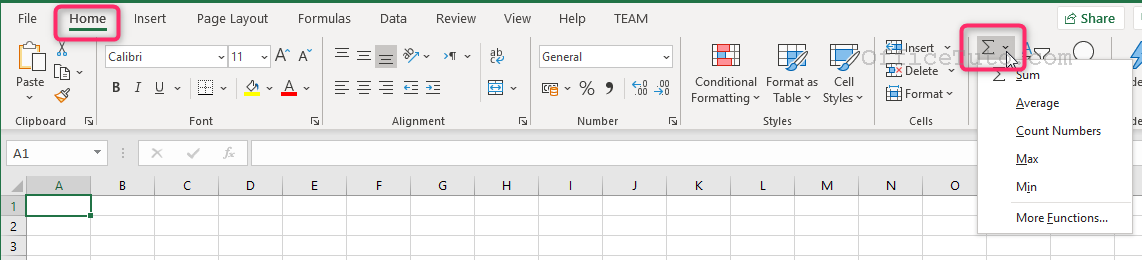 Excel functions from Home tab of the ribbon