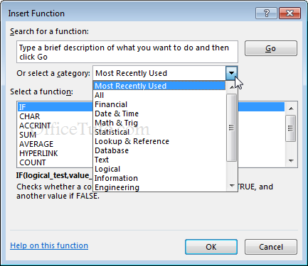 "Insert Function" dialog box in Excel