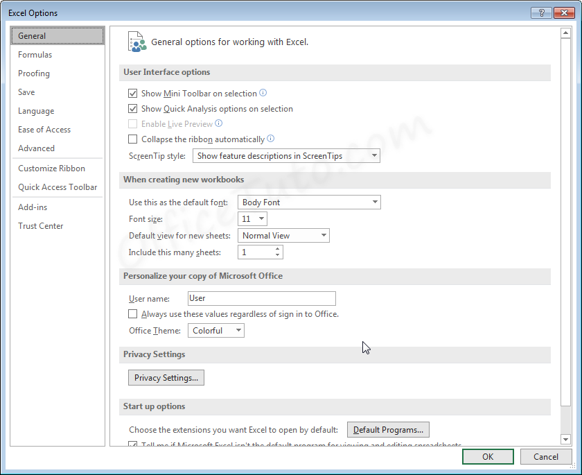 Excel Options dialog box