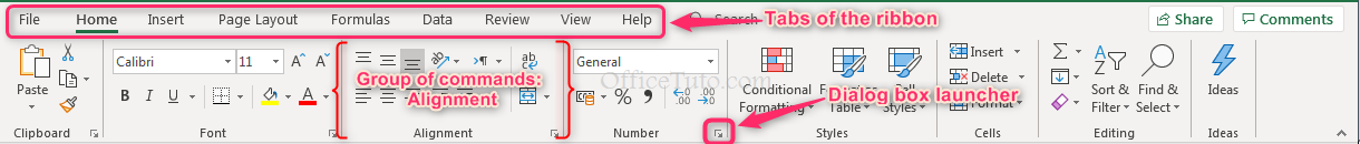 Excel ribbon - Home tab displayed