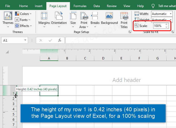 Excel row height unit in the Page Layout view