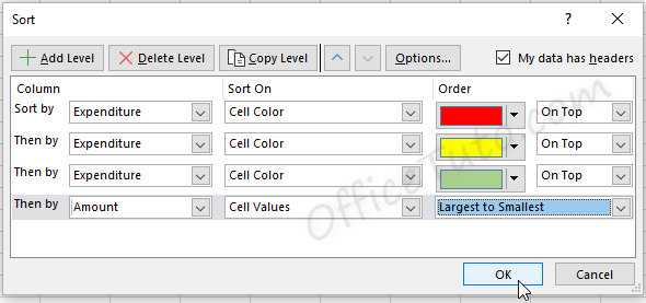 Excel sort by color and by multiple columns