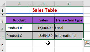 Excel table after deleting some cells