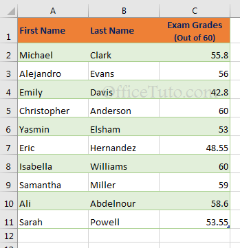 Excel table of students names and grades