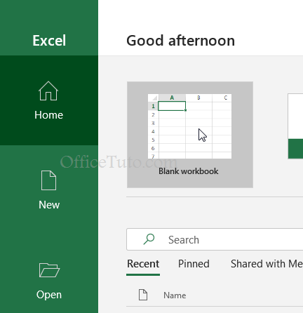 Excel welcome screen
