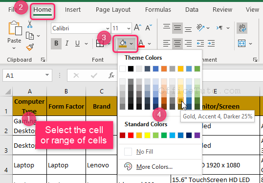 fill cells background with color in Excel