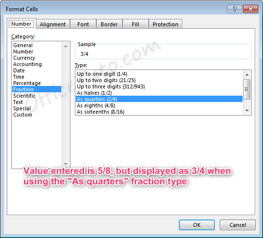 Fraction value display in Excel depends on fraction type chosen