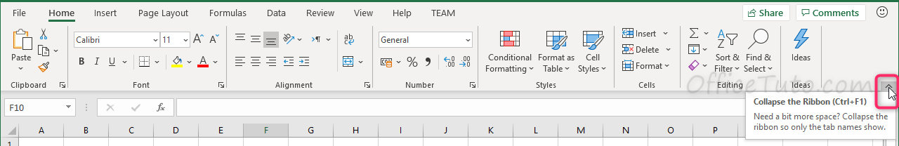 Hide Excel ribbon using collapse icon
